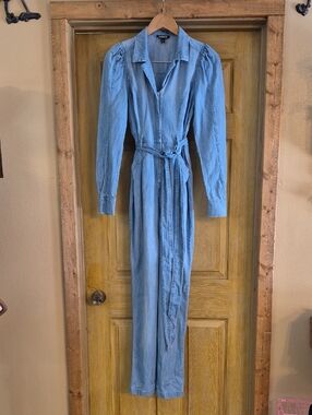Express Long Sleeve Zip Front Belted Pockets Denim Jumpsuit Size XS 100% Cotton